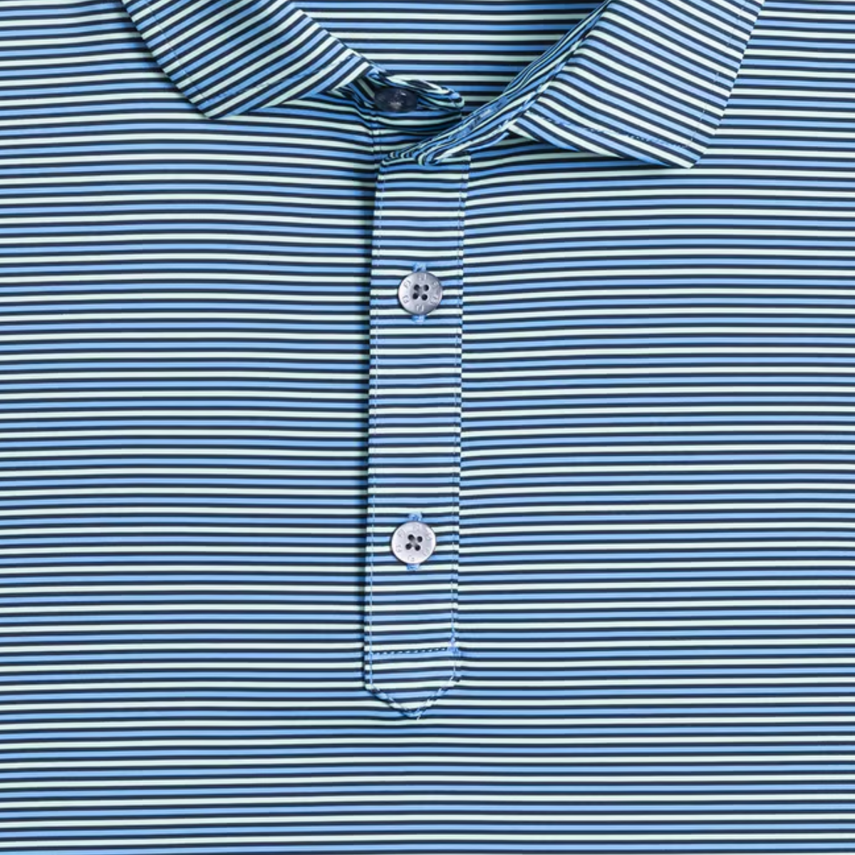 FootJoy 2026 PGA Championship Smooth Stripe Polo in Navy, Mint, and Blue - Pattern Close Up