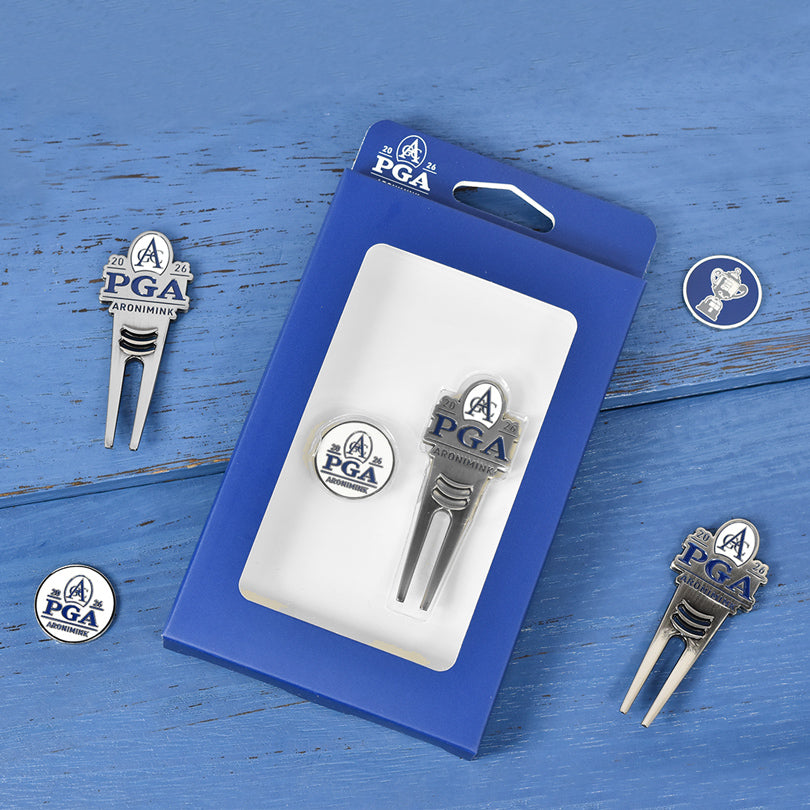 PRG Golf 2026 PGA Championship Divot Tool & Ball Marker Set - Packaged and Unpackaged Styled View