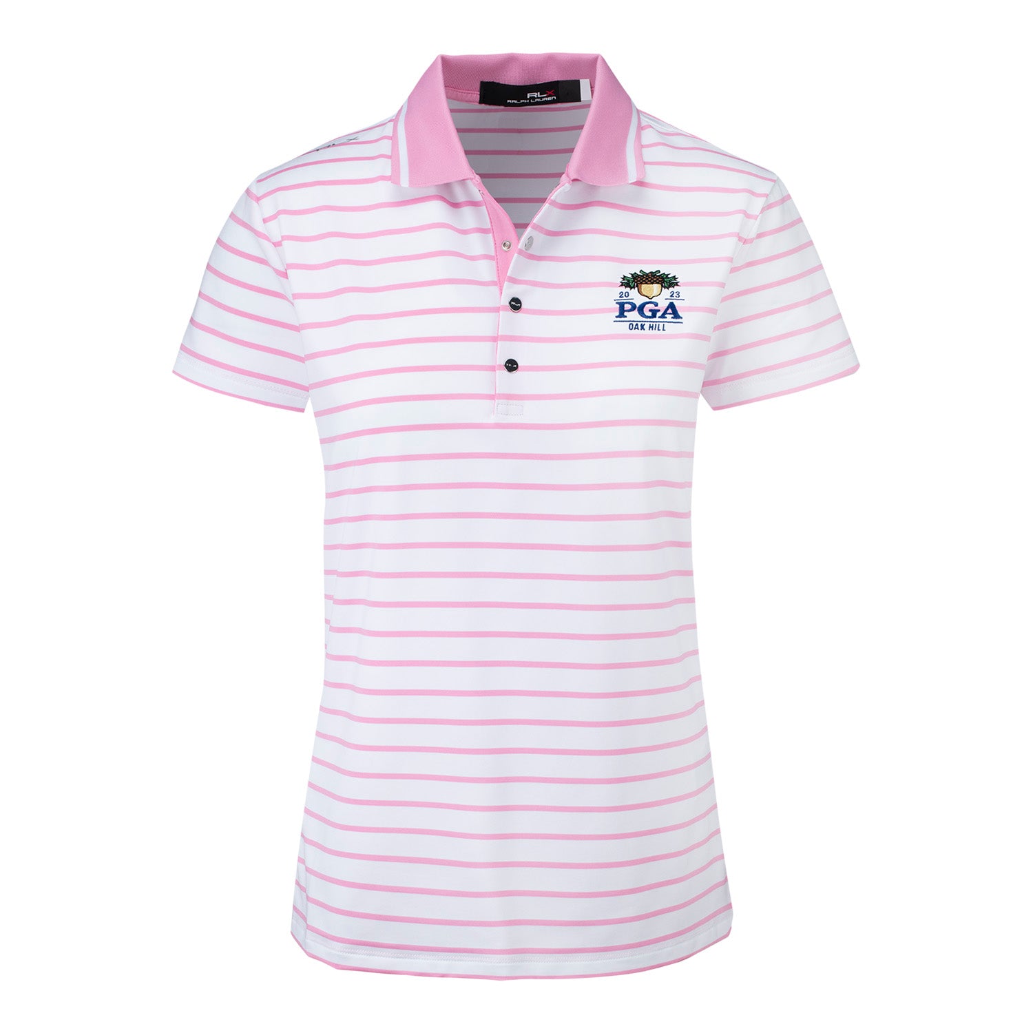 Ralph Lauren 2023 PGA Championship Womens Lightweight Ariflow Polo in Pink & White- Front View