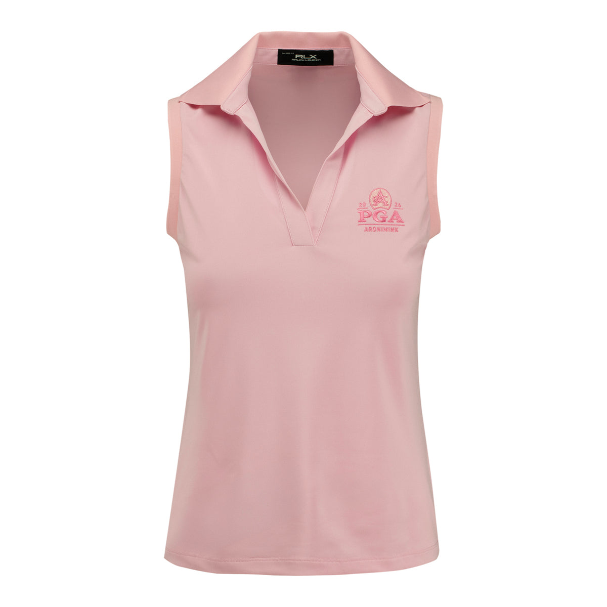 Ralph Lauren 2026 PGA Championship Women's Lightweight Airflow 4-Snap Placket Stripe Polo in Blue Mist and Light Pink - Front View