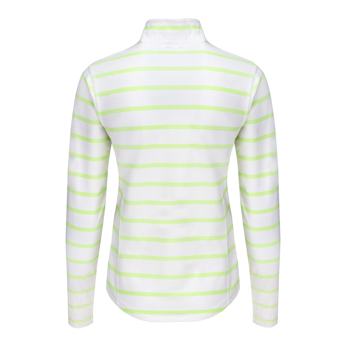 Ralph Lauren 2026 PGA Championship Women's Airflow Quarter Zip Striped Mockneck Pullover in Ceramic White and Light Lime - Back View