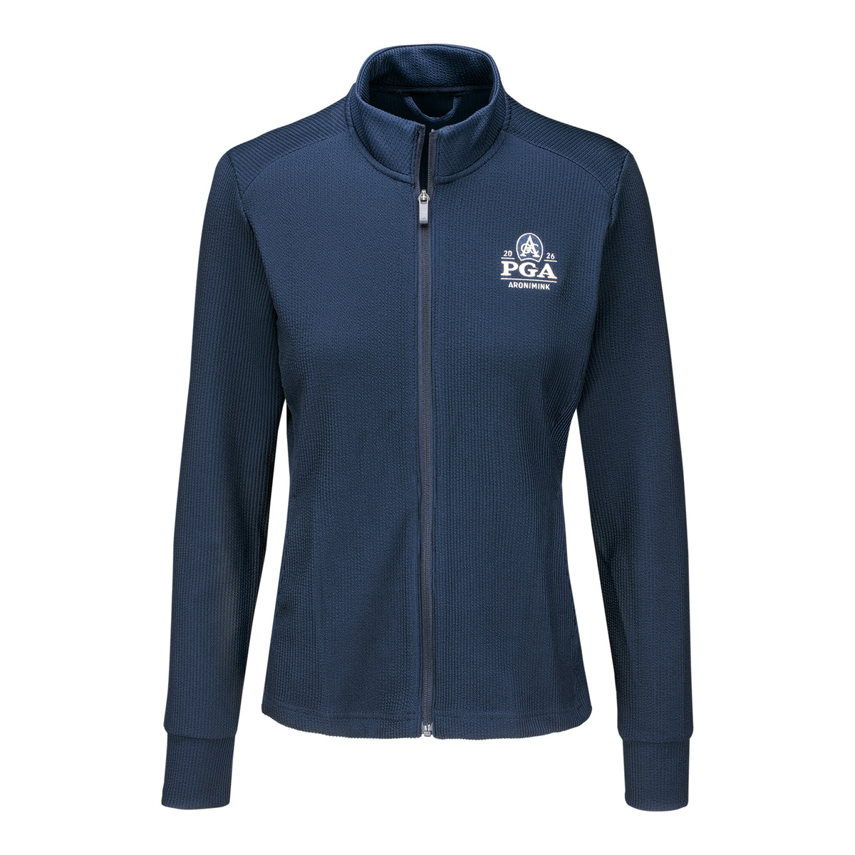 Adidas 2026 PGA Championship Women's Performance Texture Full Zip Jacket in Collegiate Navy - Front View
