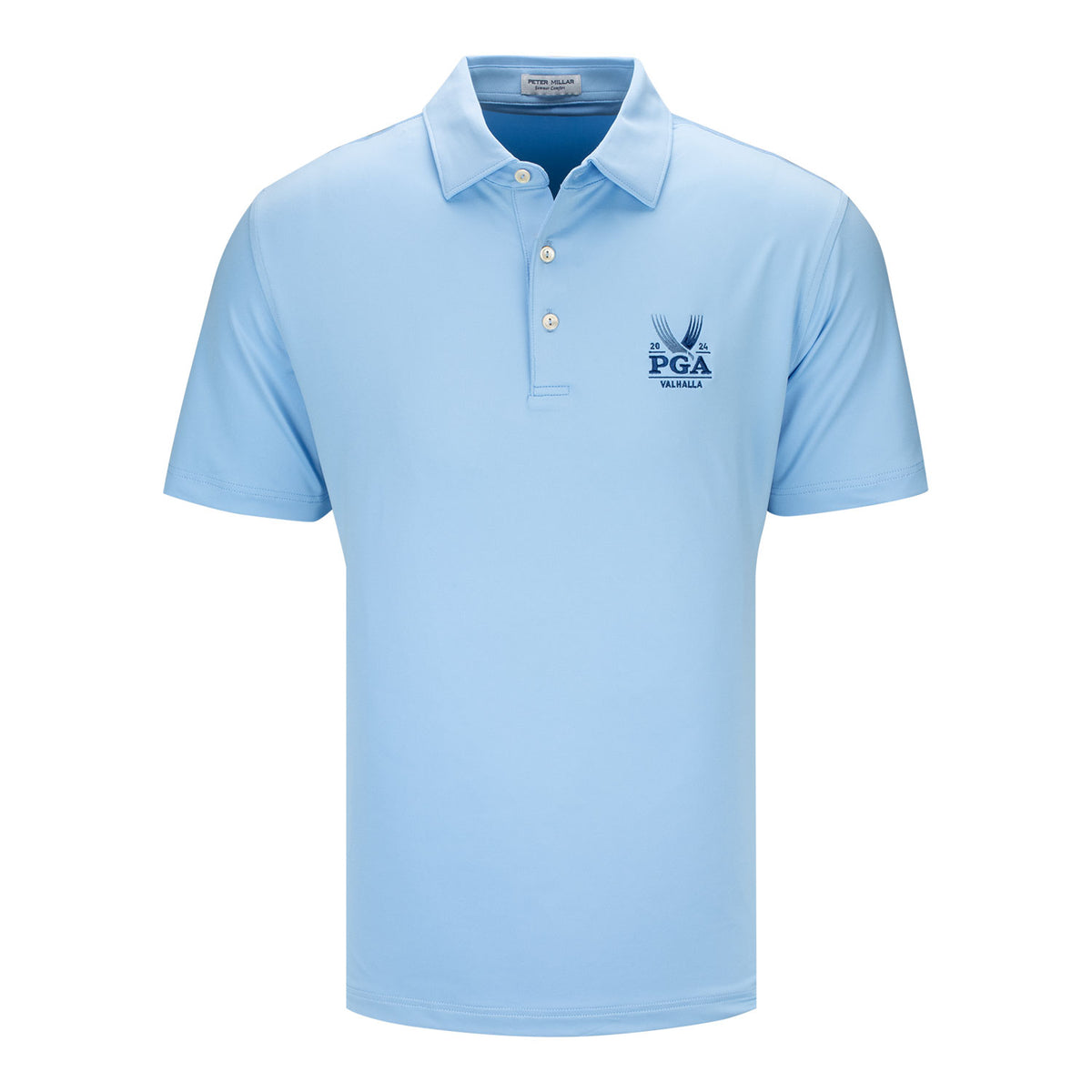 Peter Millar 2024 PGA Championship Men&#39;s Solid Performance Jersey Polo in Cottage Blue - Front View