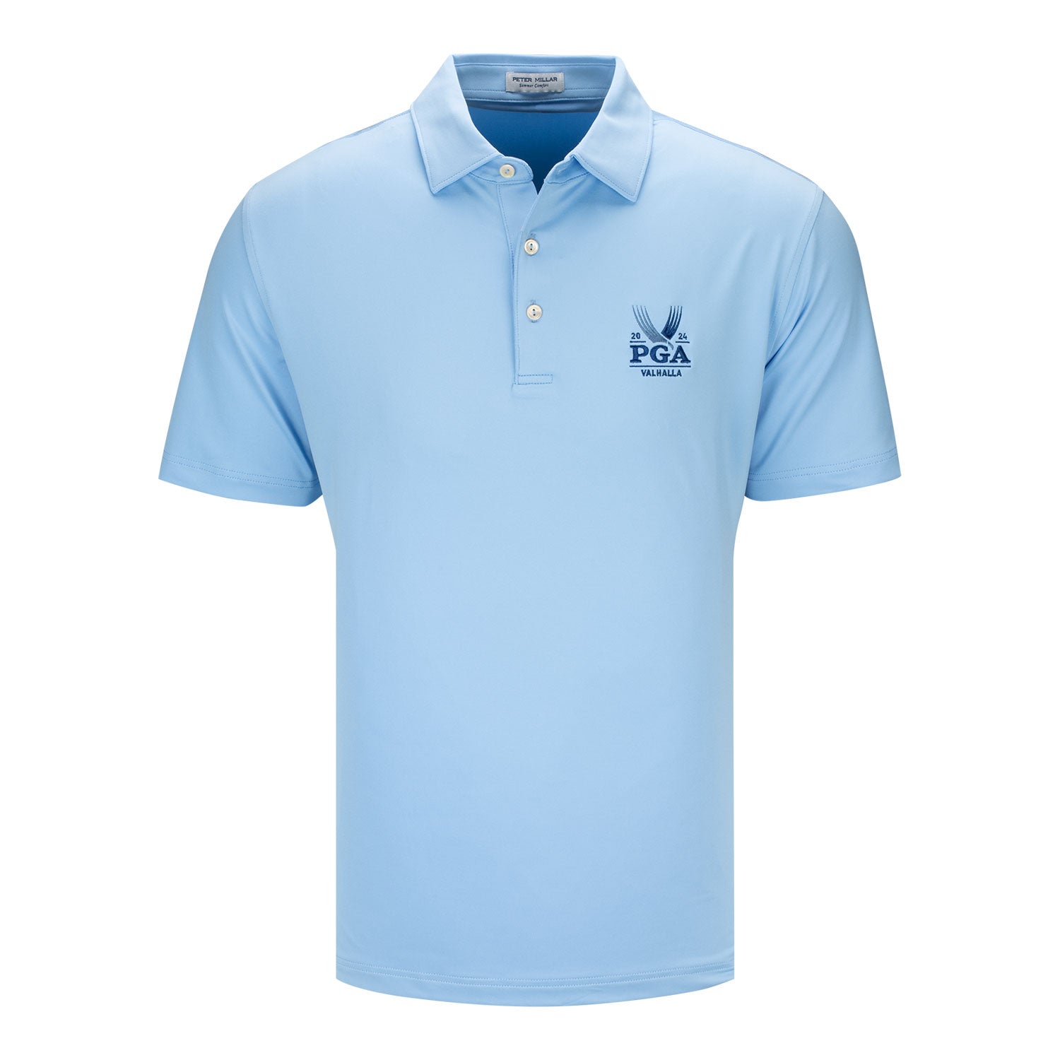 Peter Millar 2024 PGA Championship Men's Solid Performance Jersey Polo in Cottage Blue - Front View