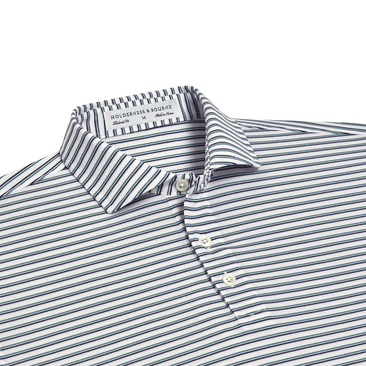 Holderness & Bourne Saxton Stripe Polo in Navy and Sage - Close Up