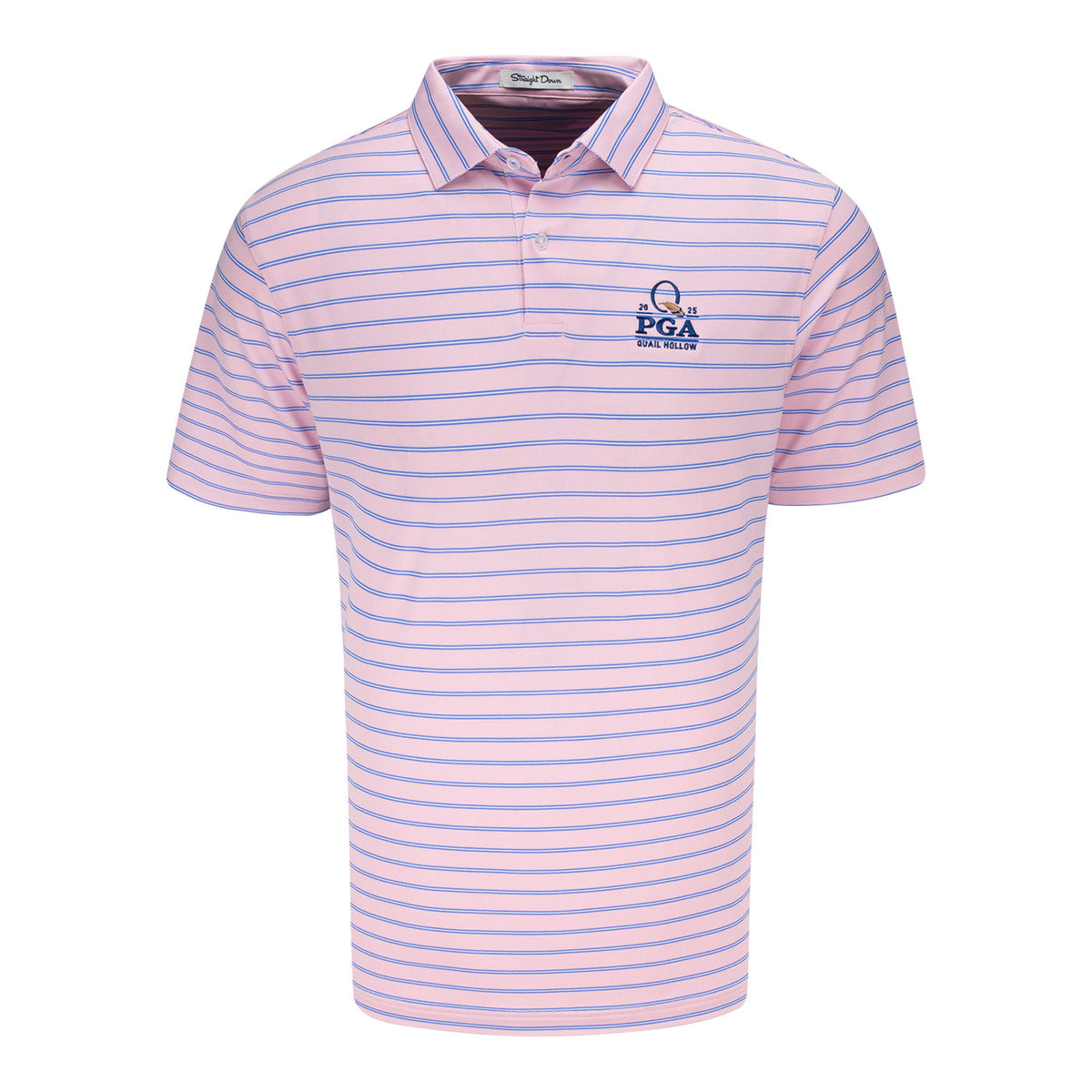 Straight Down 2025 PGA Championship Quintero Stripe Polo in Pink Lemonade - Front View