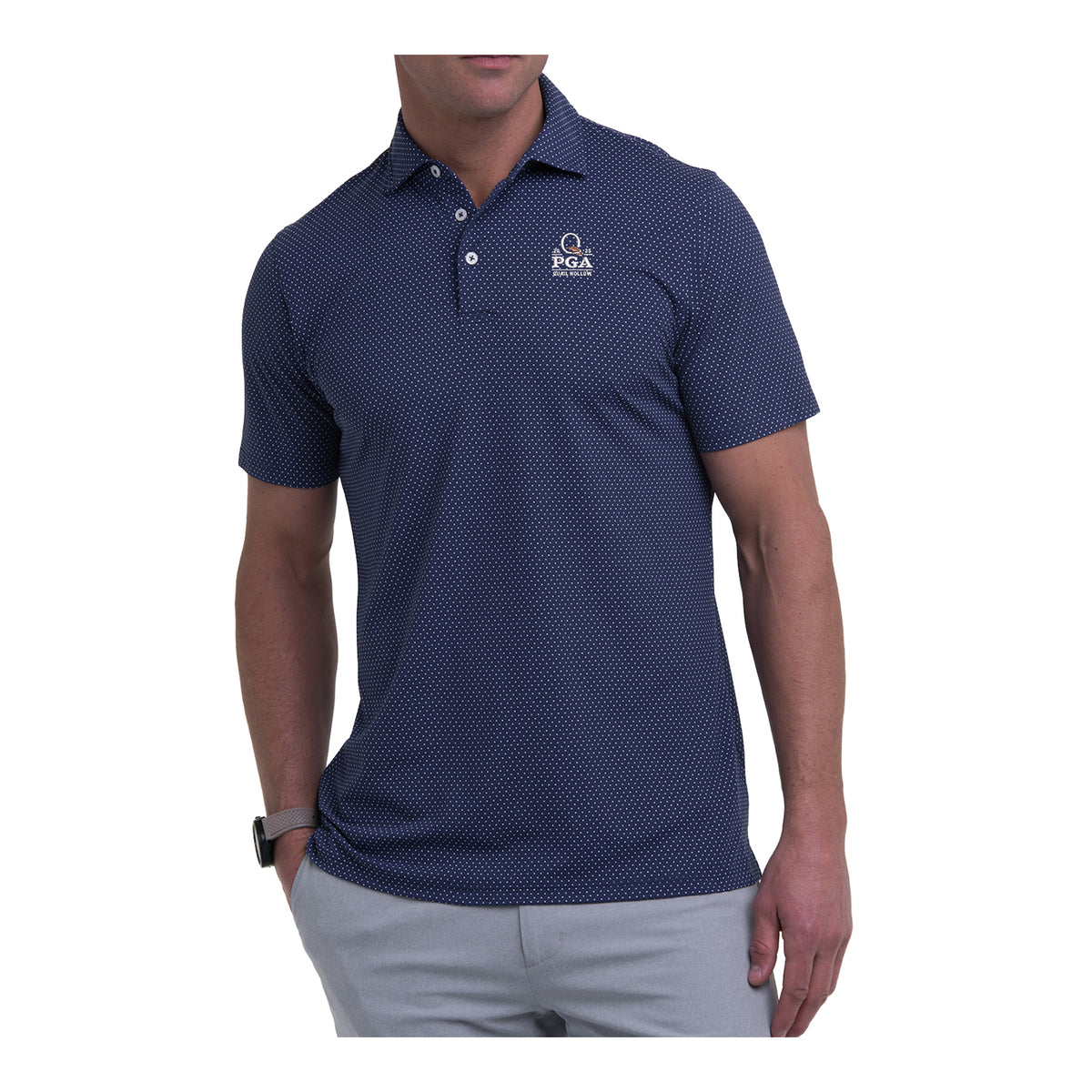 B. Draddy 2025 PGA Championship Captain Cool Polkadot Polo in Regal Blue - Modeled Front View