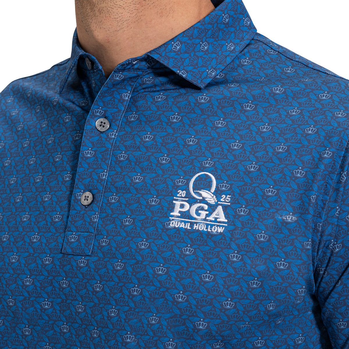 FootJoy 2025 PGA Championship Feathers & Crown Polo in Navy - Modeled Logo Close Up