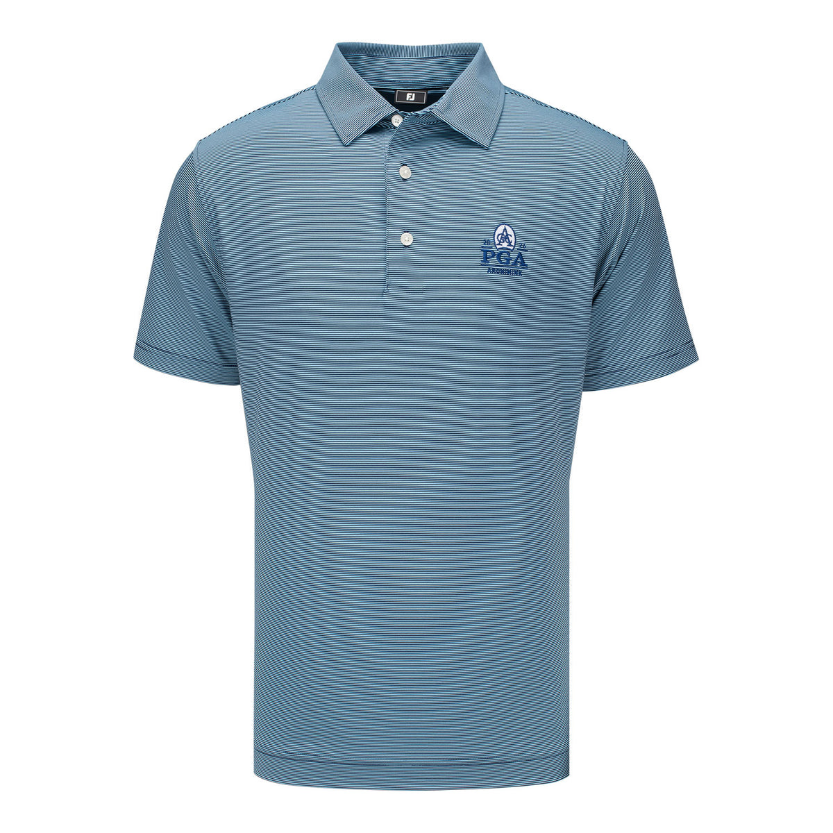 FootJoy 2026 PGA Championship Microfeeder Stripe Polo in Navy and Light Blue - Front View