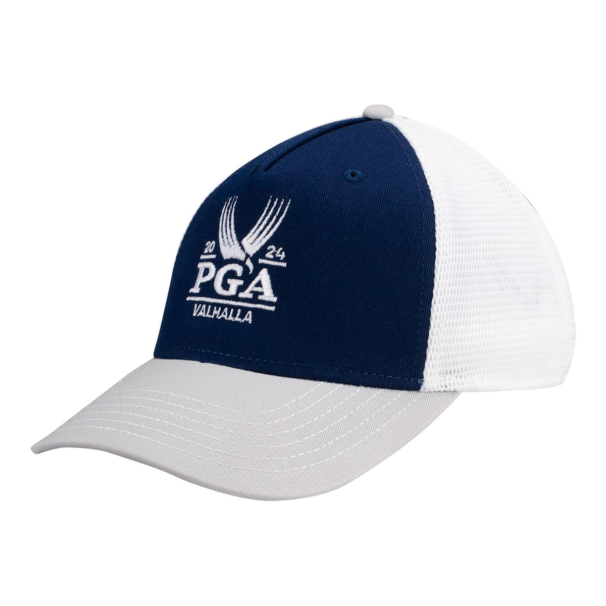 Ahead 2024 PGA Championship Classic - Fit Cotton Twill Mesh Back Adjustable Hat in Navy / Grey / White - Angled Front Left View