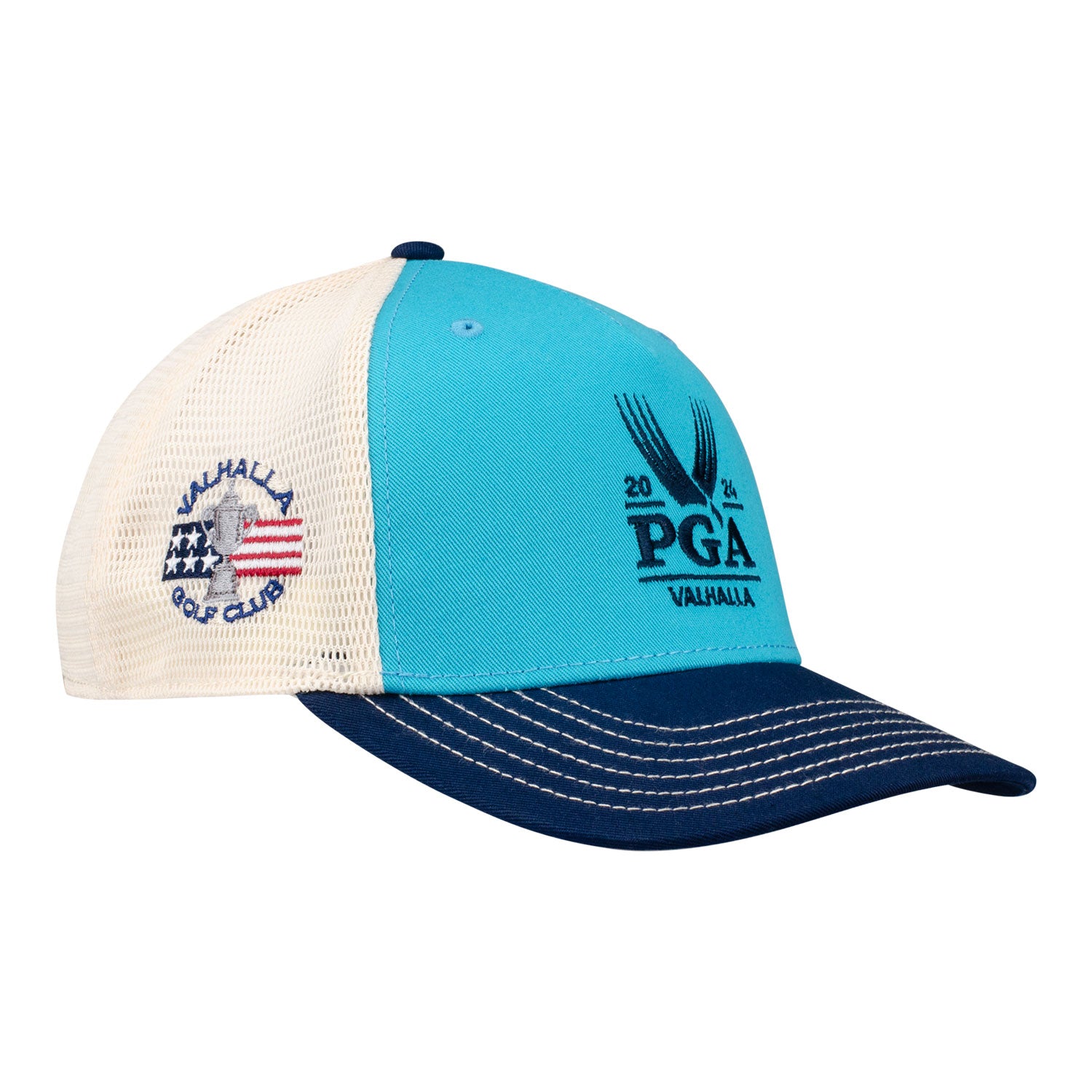 Ahead 2024 PGA Championship Wave Rider Tri-Color Meshback Hat in Teal - Angled Front Right View