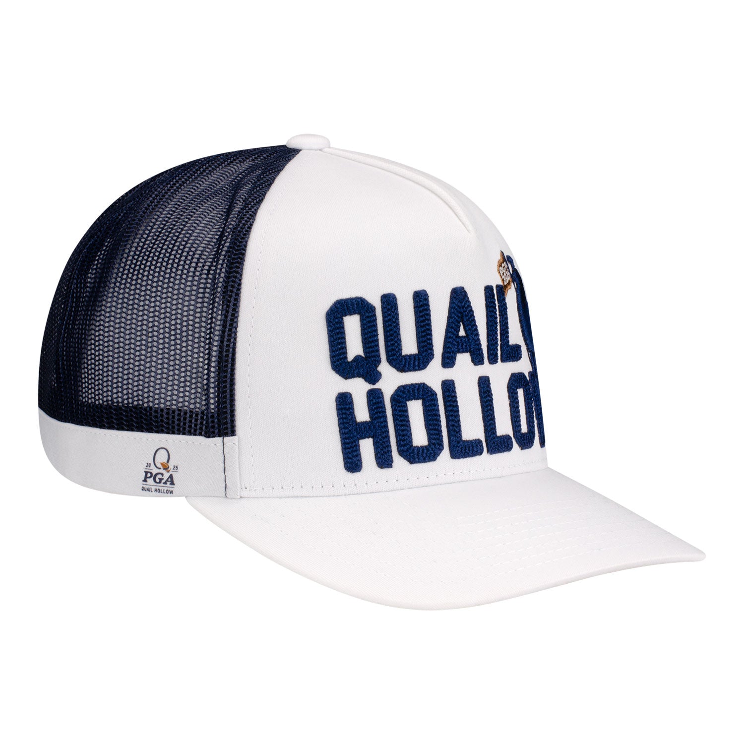 GFore 2025 PGA Championship Quail Bird Trucker Hat in White and Navy - Angled Left Side View