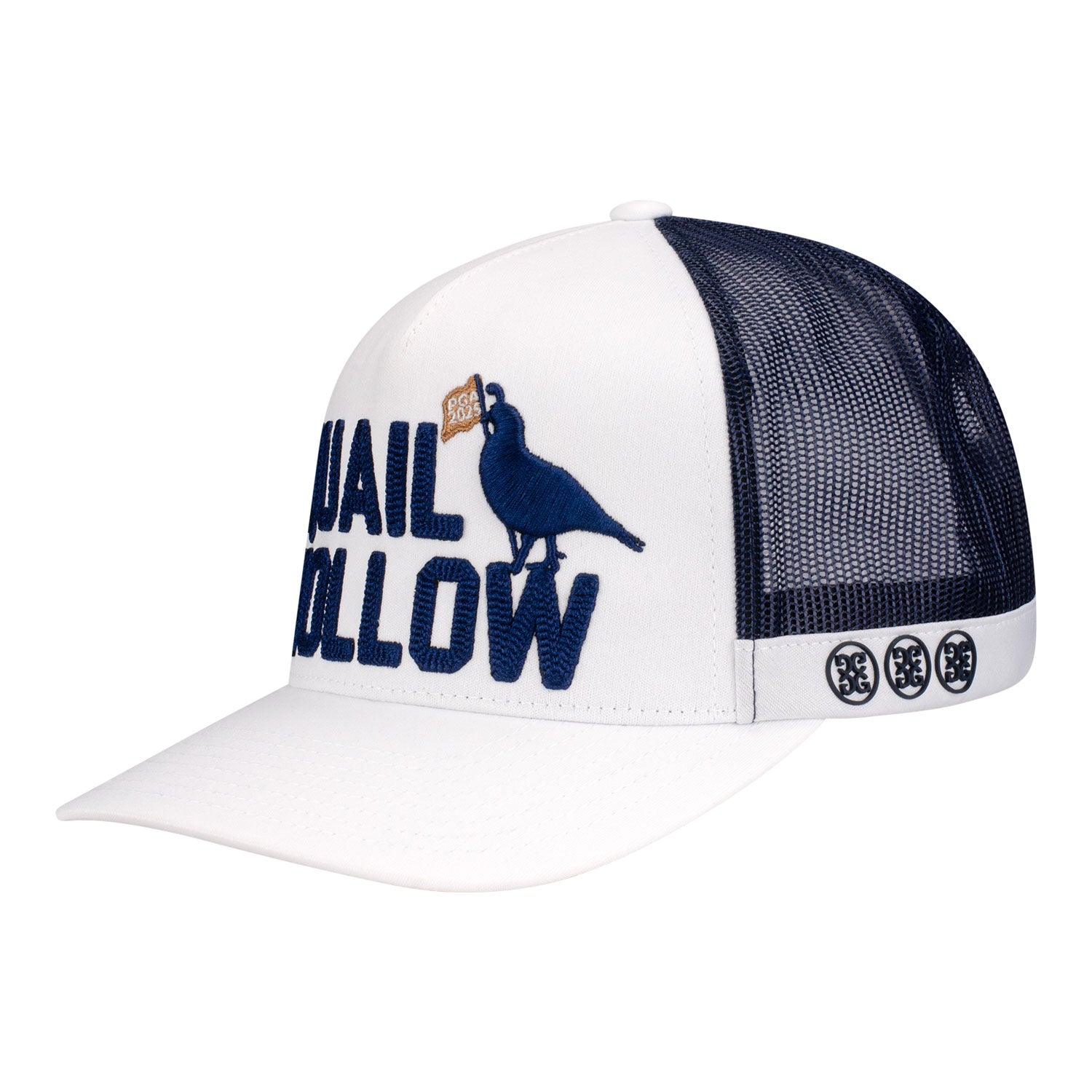 GFore 2025 PGA Championship Quail Bird Trucker Hat in White and Navy - Angled Left Side View