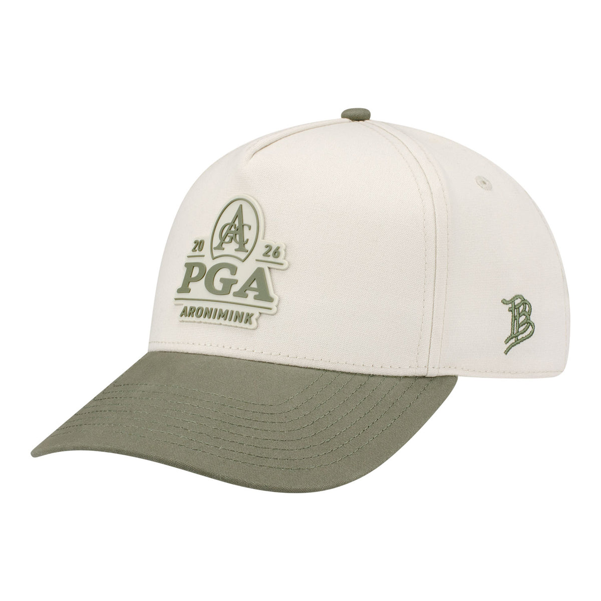 Branded Bills 2026 PGA Championship Curved 5 Panel Canvas Hat in Beige and Green - Angled Front Left View