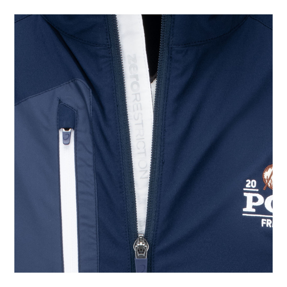 Zero Restriction 2027 PGA Championship Z700 Full Zip Vest in Navy - Zipper Close Up