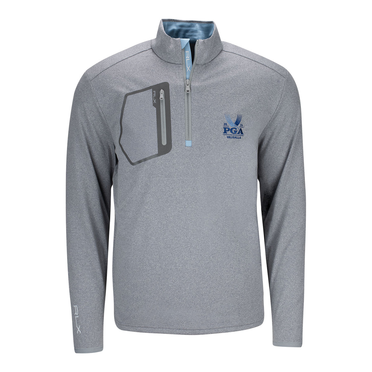 Ralph Lauren 2024 PGA Championship Men&#39;s Luxury Performance Jersey Knit Quarter Zip Pullover in Steel Heather - Front View
