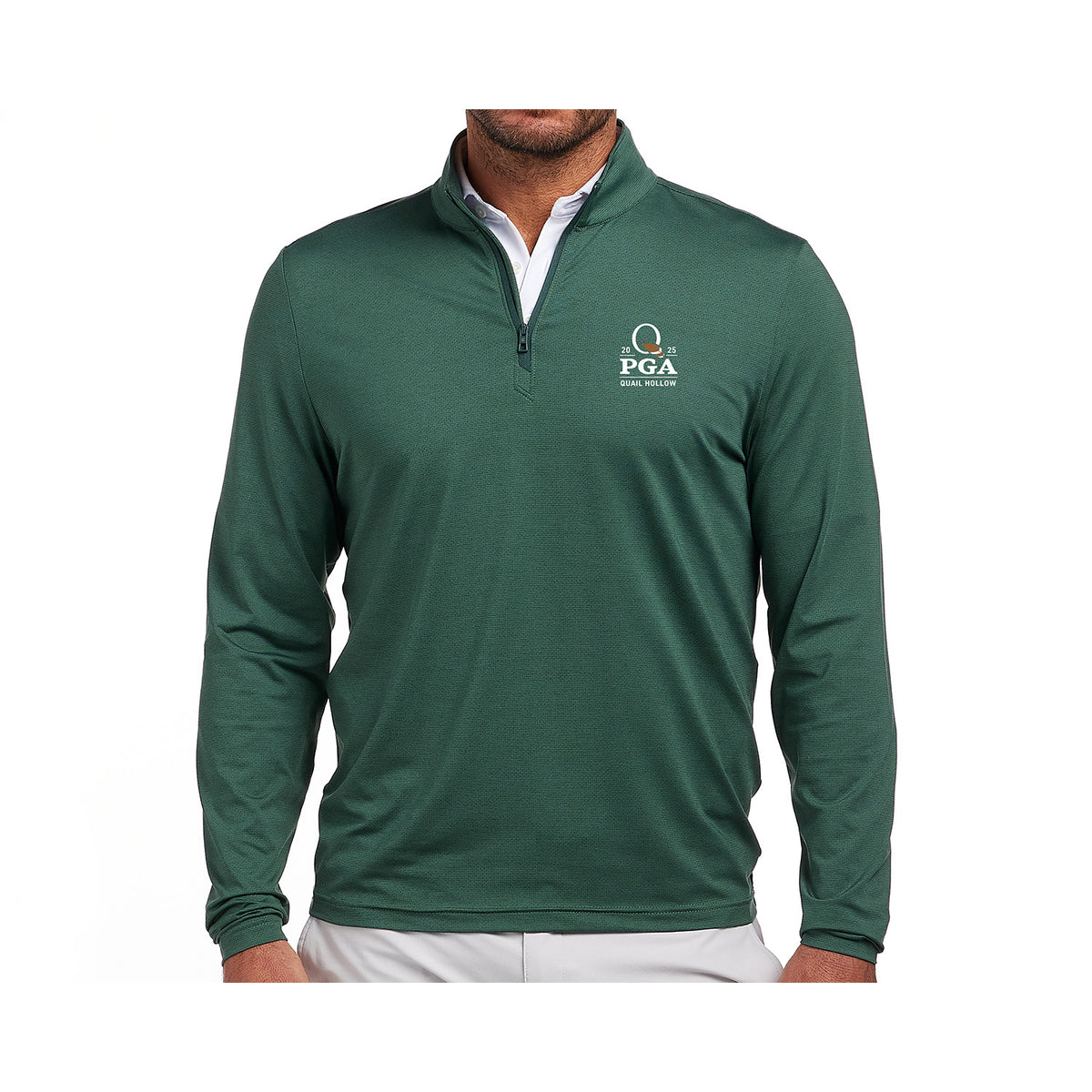 Holderness & Bourne 2025 PGA Championship Bell Performance Pullover in Dark Heathered Sage - Front Modeled View