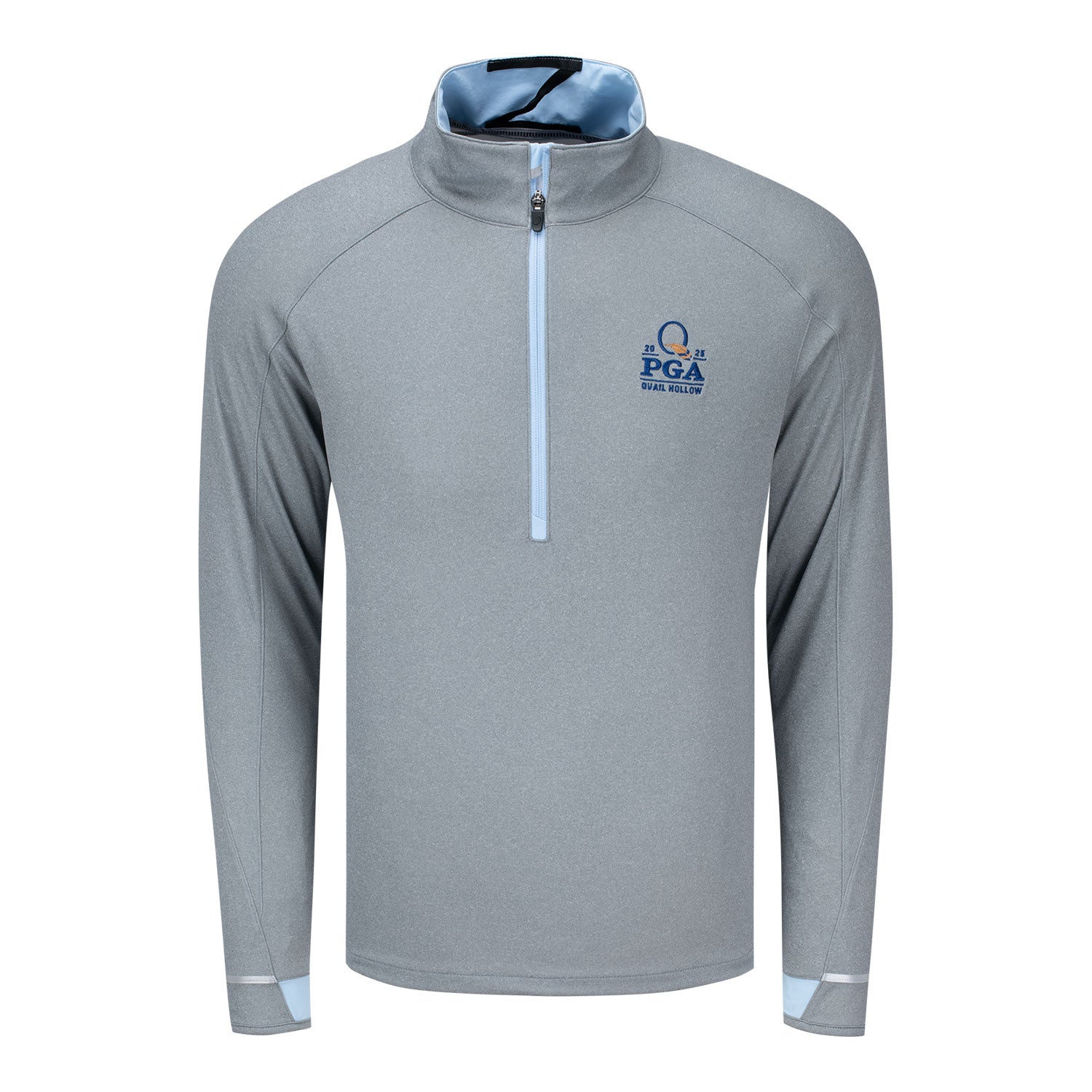 Zero Restrictions 2025 PGA Championship Performance Melange Quarter Zip in Heather Grey and Sky Blue - Front View