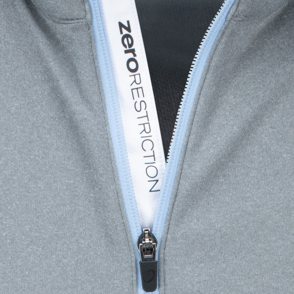 Zero Restrictions 2025 PGA Championship Performance Melange Quarter Zip in Heather Grey and Sky Blue - Zipper Detail
