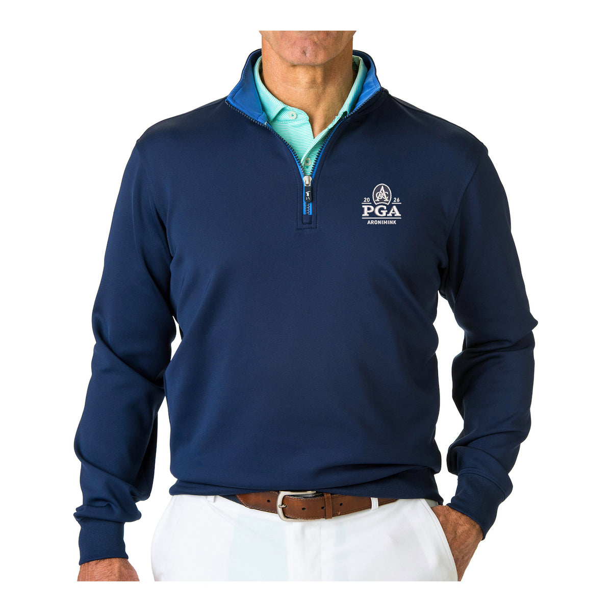 Fairway & Greene 2026 PGA Championship Caves Quarter Zip Pullover in Marine Blue - Front View Modeled