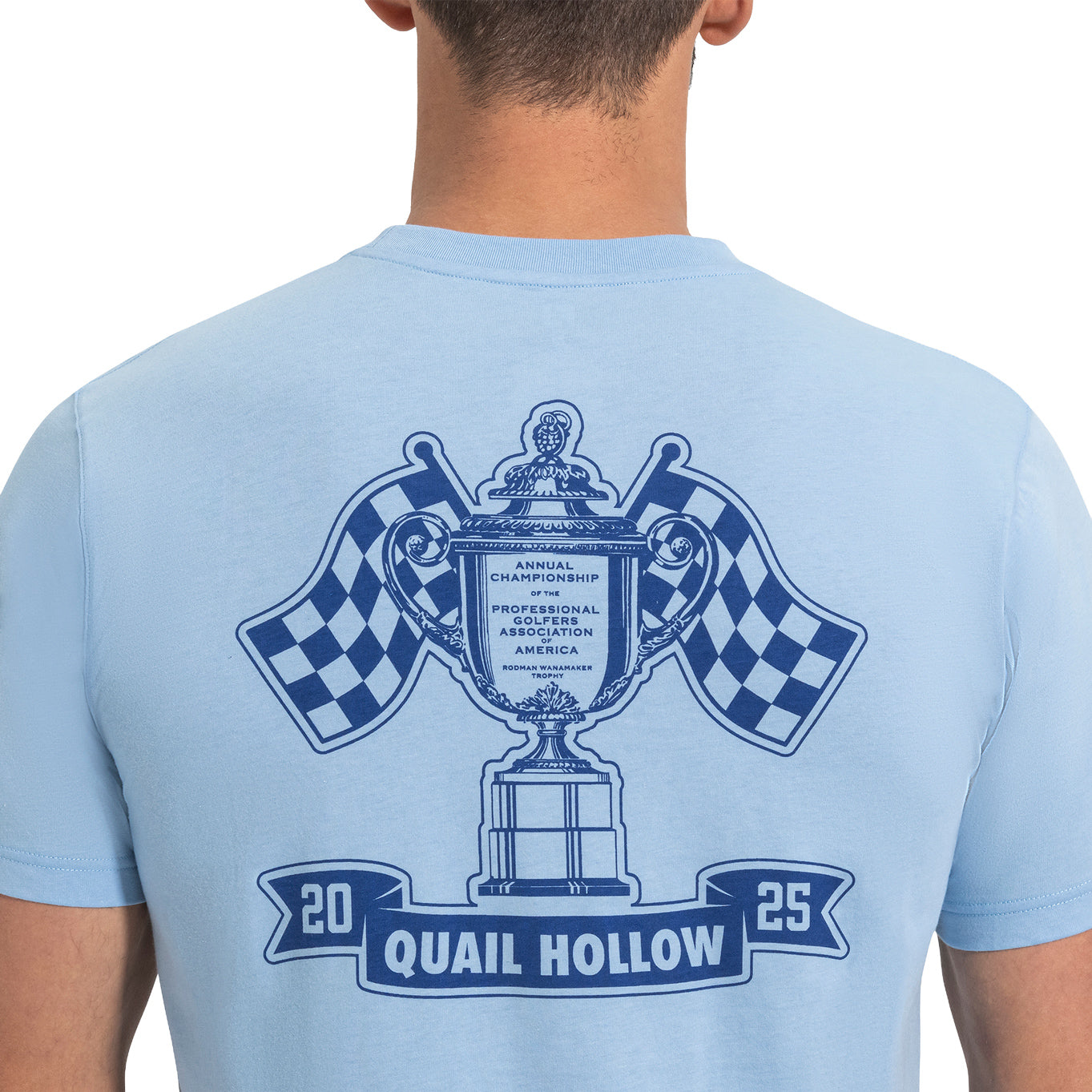 FootJoy 2025 PGA Championship Checkered Flag T-Shirt in Light Blue - Modeled Back View Close Up