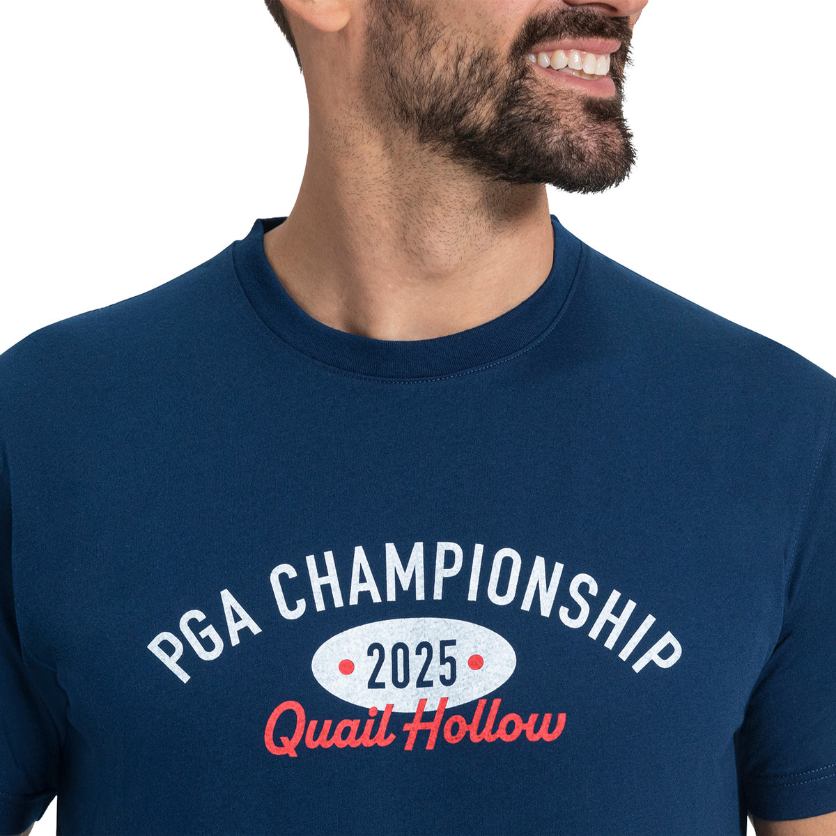 FootJoy 2025 PGA Championship Quail Hollow Varsity T-Shirt in Navy - Modeled Front Close Up