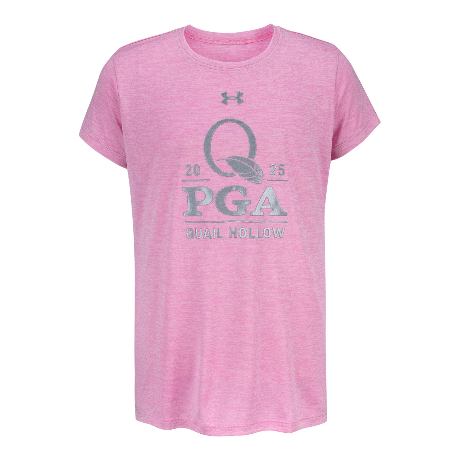 Under Armour 2025 PGA Championship Youth Silver Logo Tech T-Shirt in Meta Pink Twist - Front View