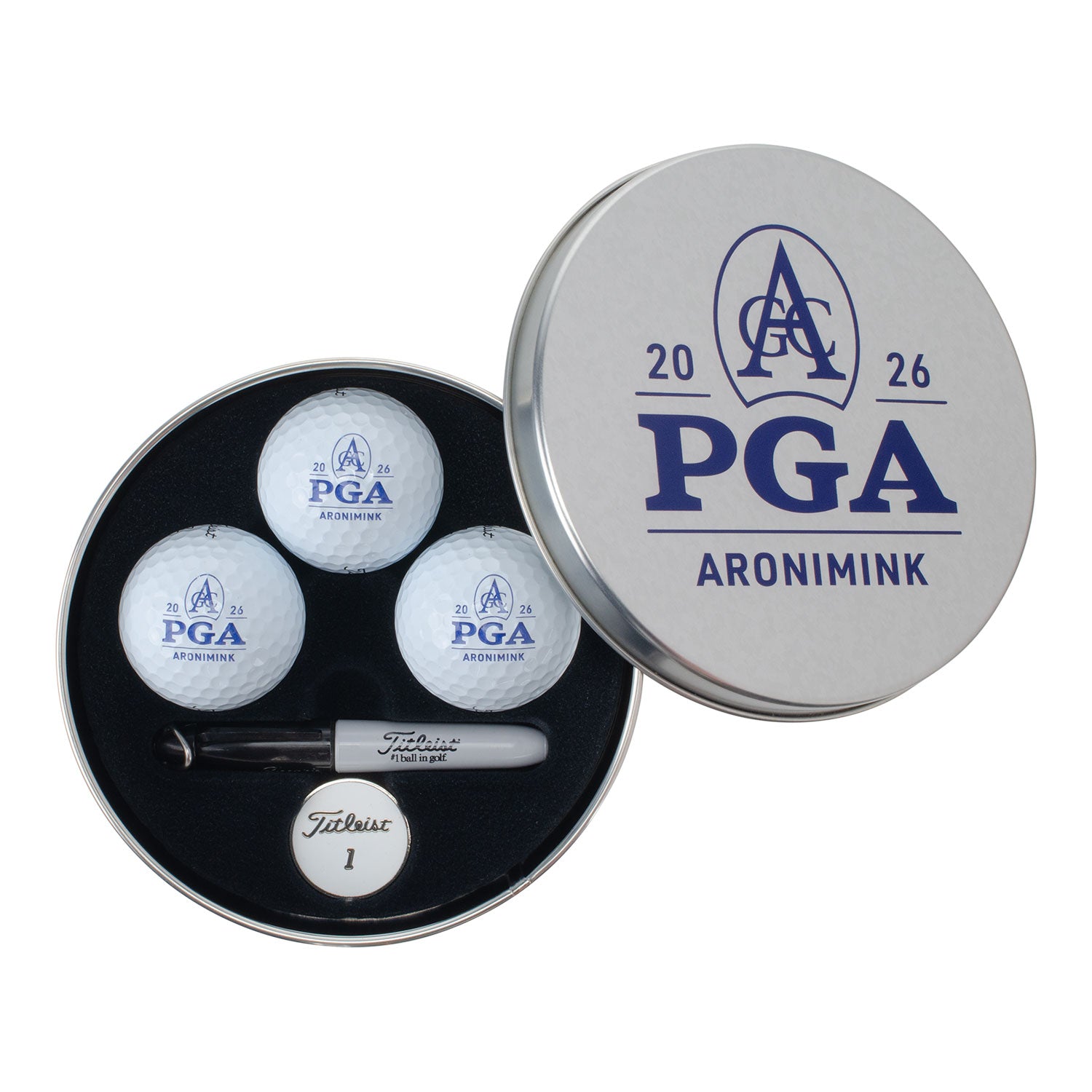 Titleist 2026 PGA Championship Tin 3pk with Custom Lid - Front Open View