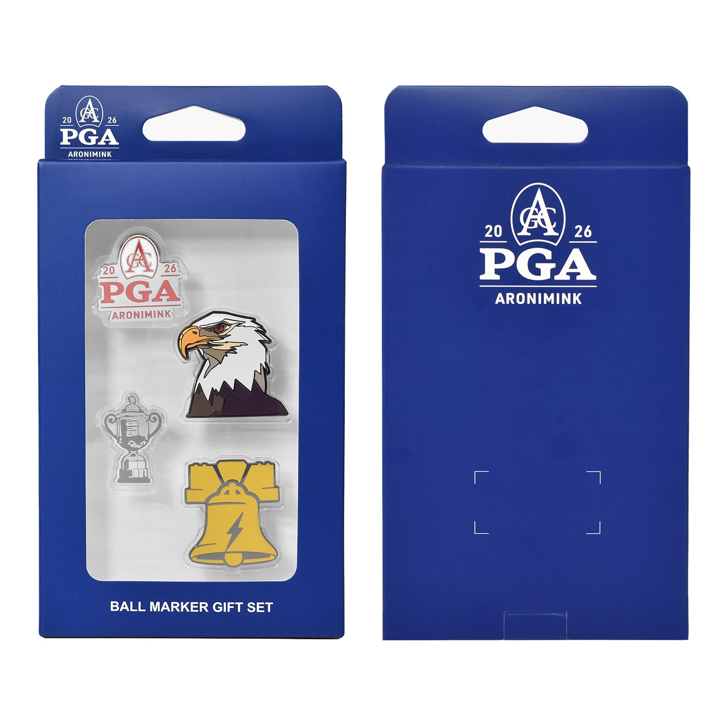 PRG Golf 2026 PGA Championship Hard Enamel 4pc Ball Mark Set - Front and Back Packaged View