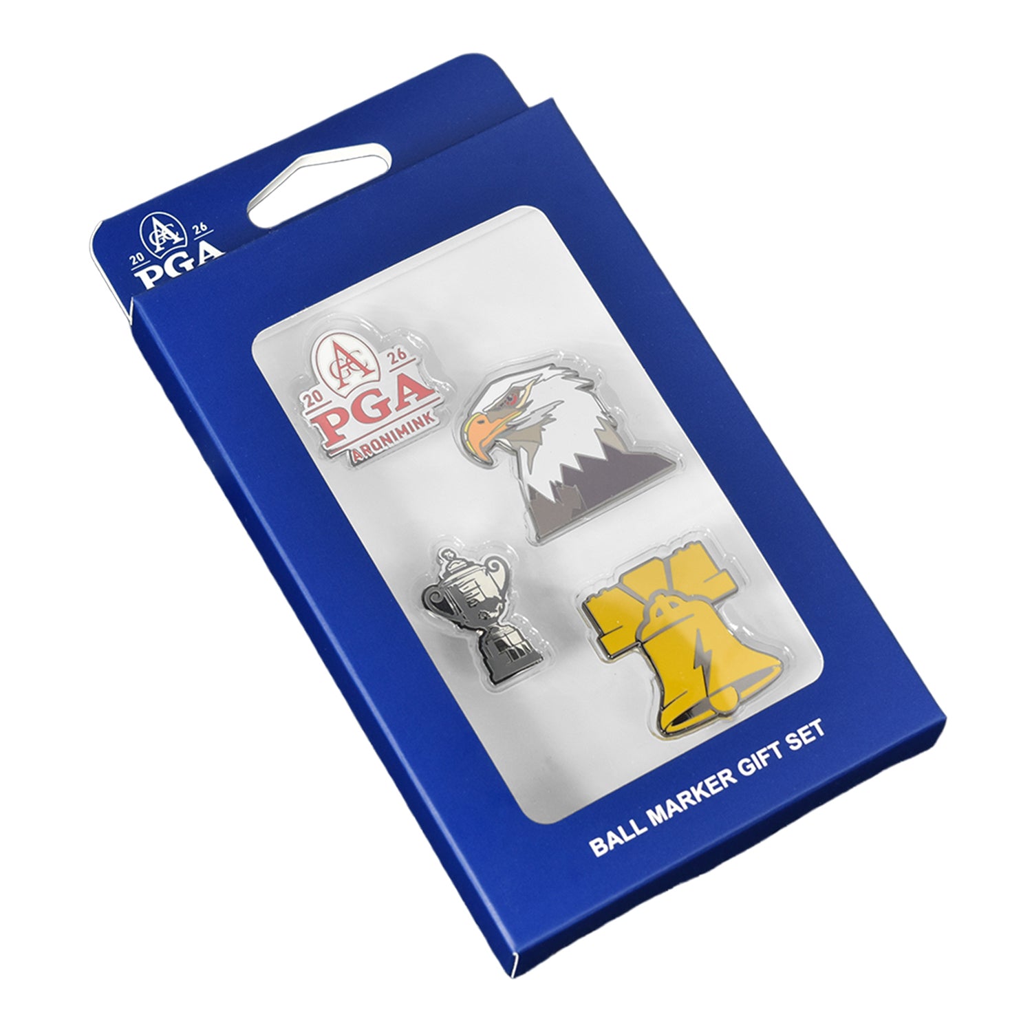 PRG Golf 2026 PGA Championship Hard Enamel 4pc Ball Mark Set - Front and Back Packaged View