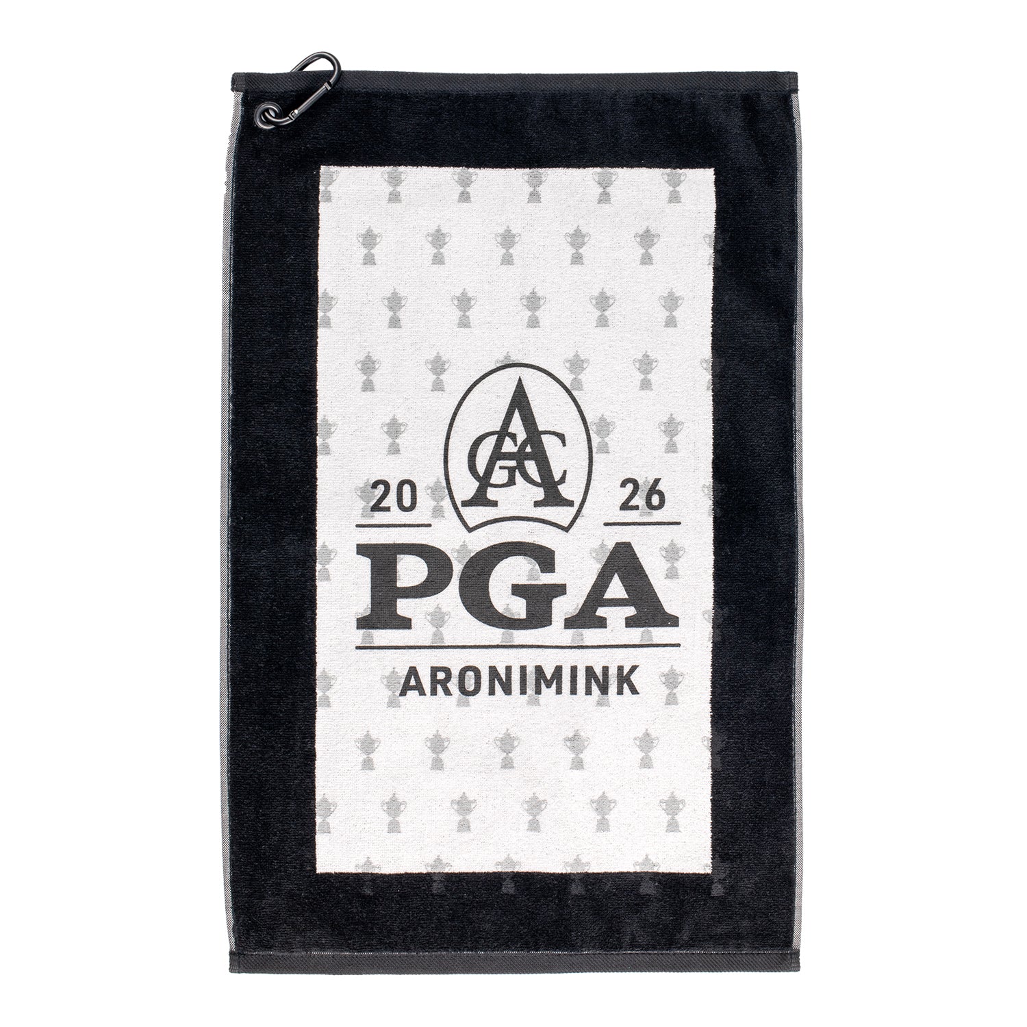 Dynamic 2026 PGA Championship Hi-Def Edge Towel with Tonal Trophy Pattern in Black - Front View