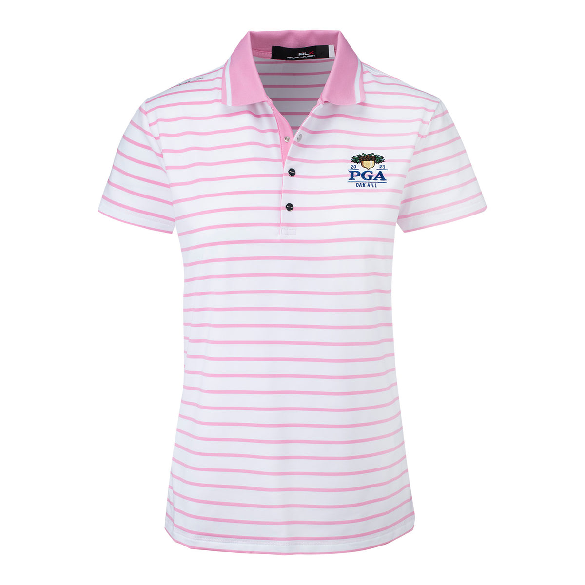 Ralph Lauren 2023 PGA Championship Womens Lightweight Ariflow Polo in Pink &amp; White- Front View