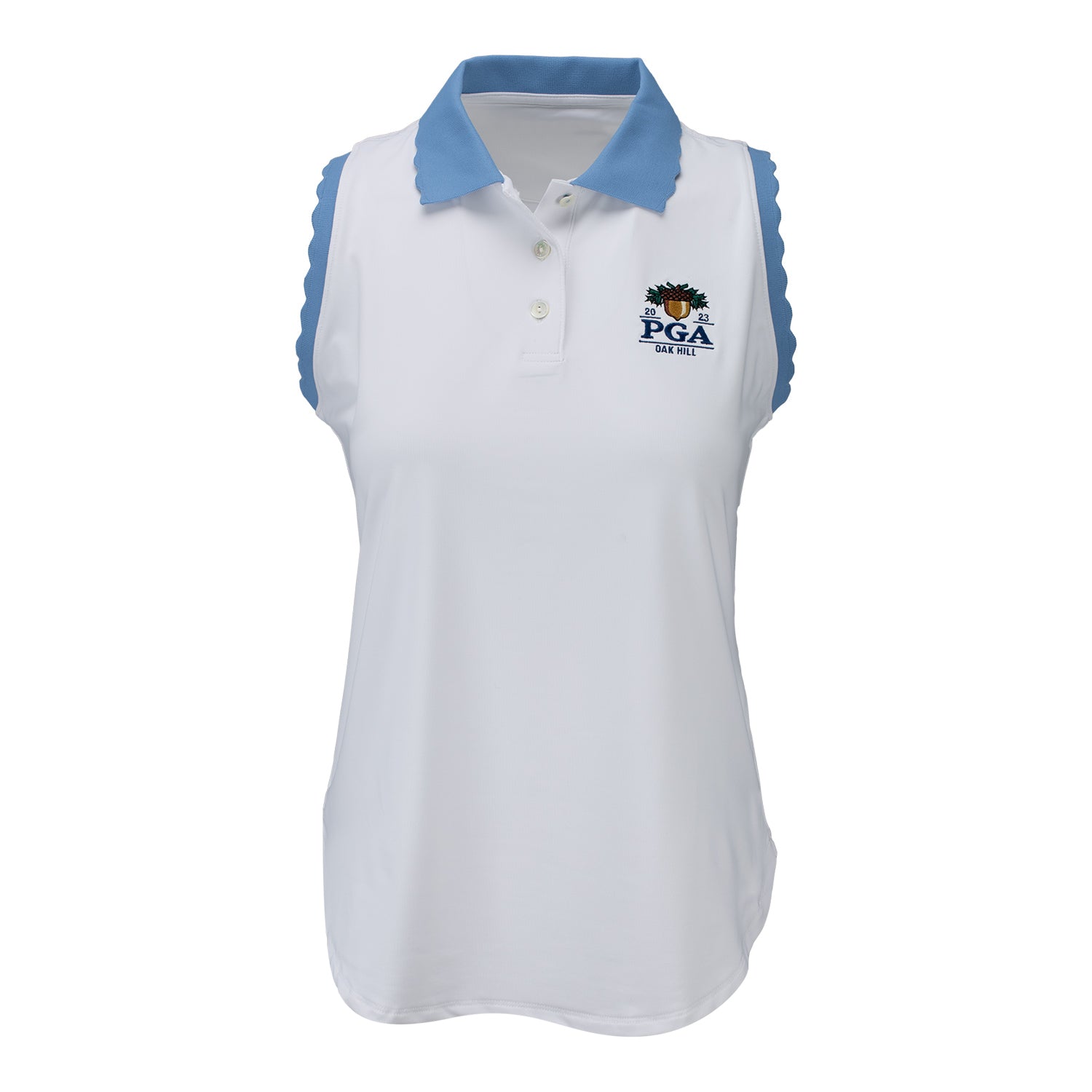 Peter Millar 2023 PGA Championship Opal Stretch Sleeveless Jersey Polo in White- Front View
