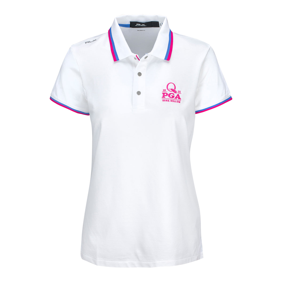 Ralph Lauren 2025 PGA Championship Women&#39;s Pique Polo in White with Pink and Blue - Front View