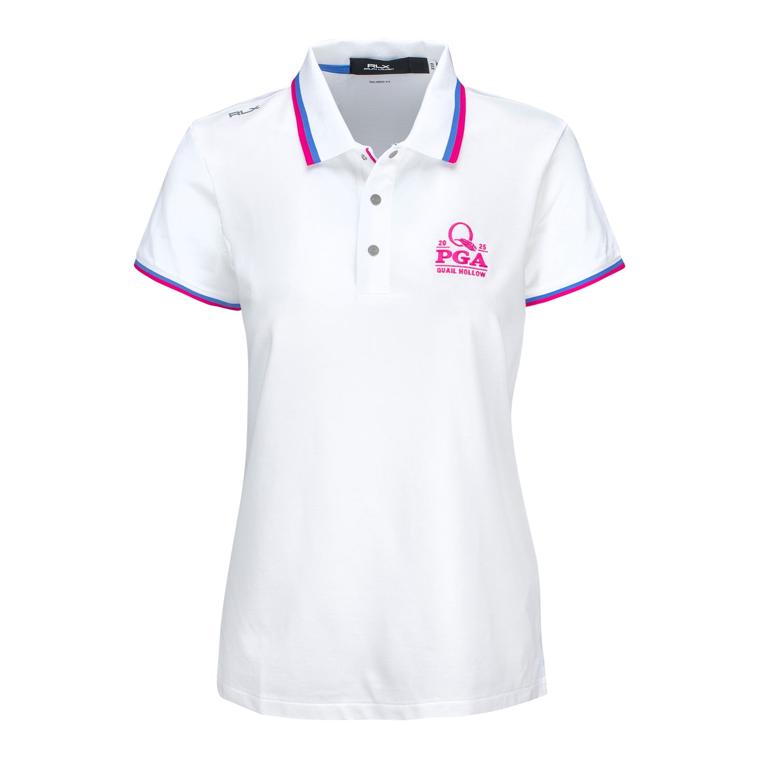 Ralph Lauren 2025 PGA Championship Women's Pique Polo in White with Pink and Blue - Front View