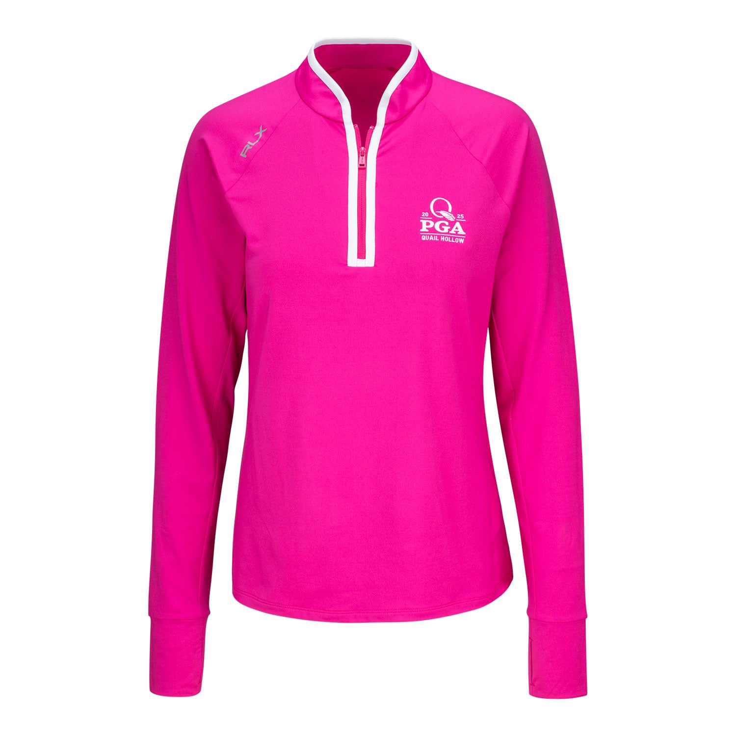 Ralph Lauren 2025 PGA Championship Women's Peached Jersey Quarter Zip in Bright Pink - Front View
