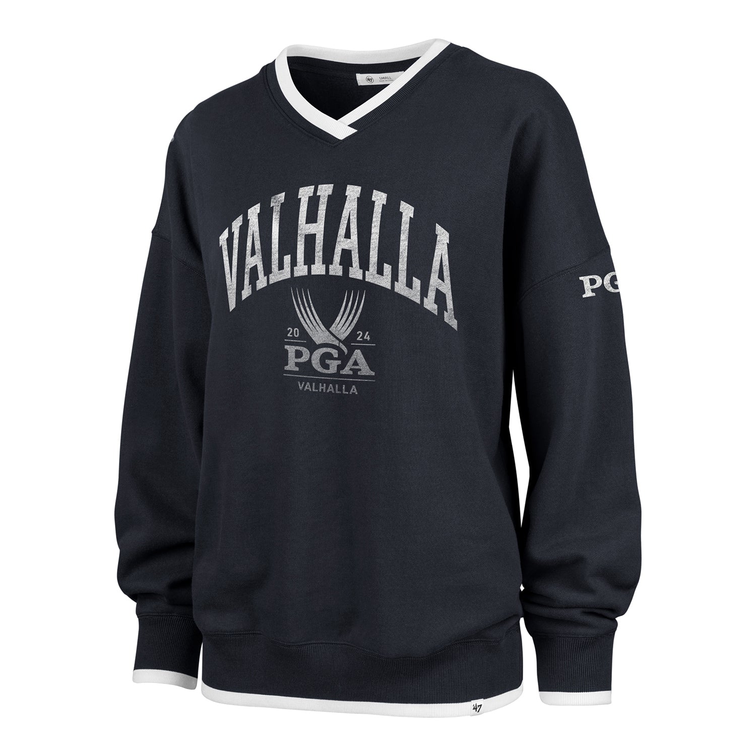 '47 Brand 2024 PGA Championship Ladies Varsity Fleece V-Neck Sweatshirt in Atlas Blue - Front View