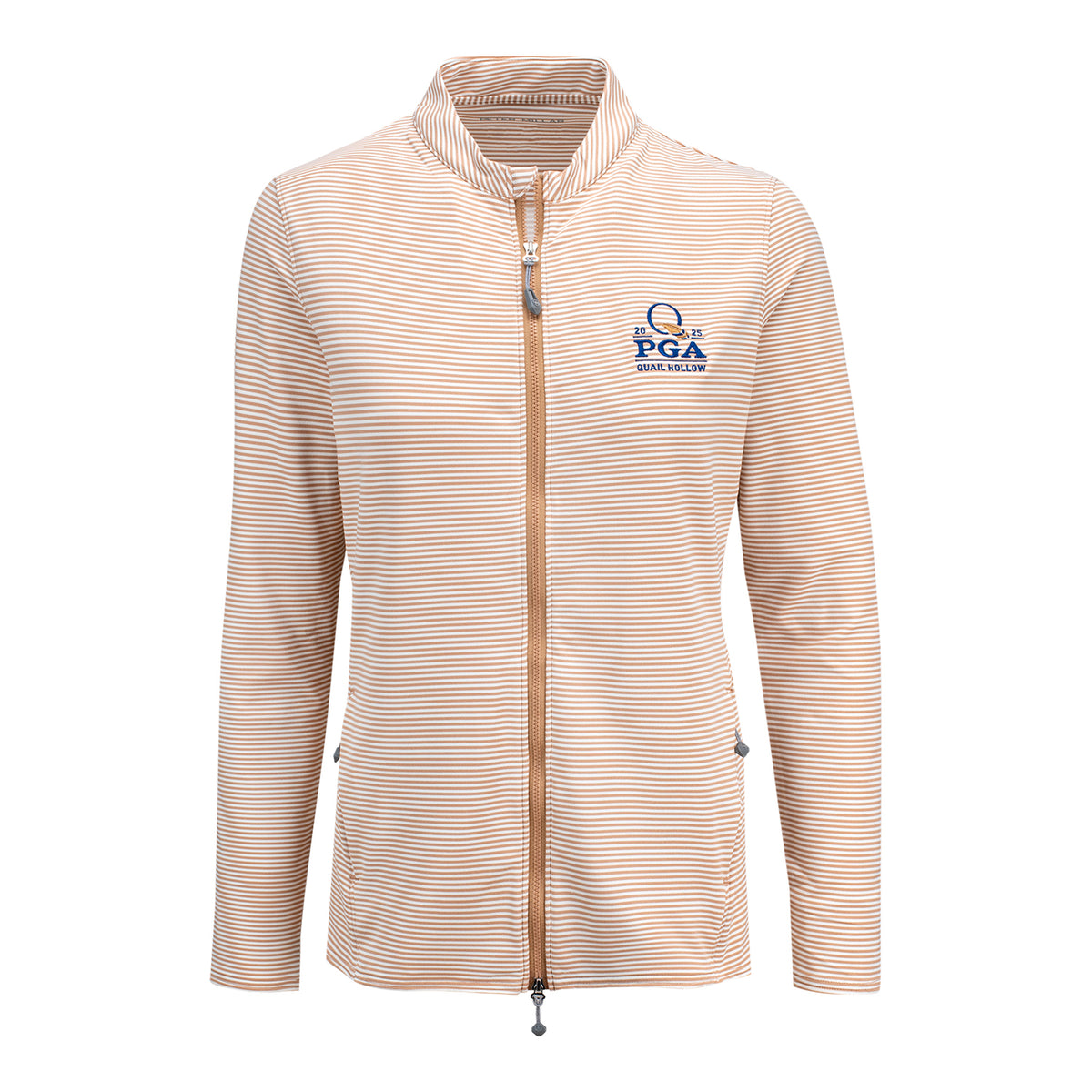 Peter Millar 2025 PGA Championship Women&#39;s Vista Katy Stripe Full Zip in Camel and Ivory - Front View