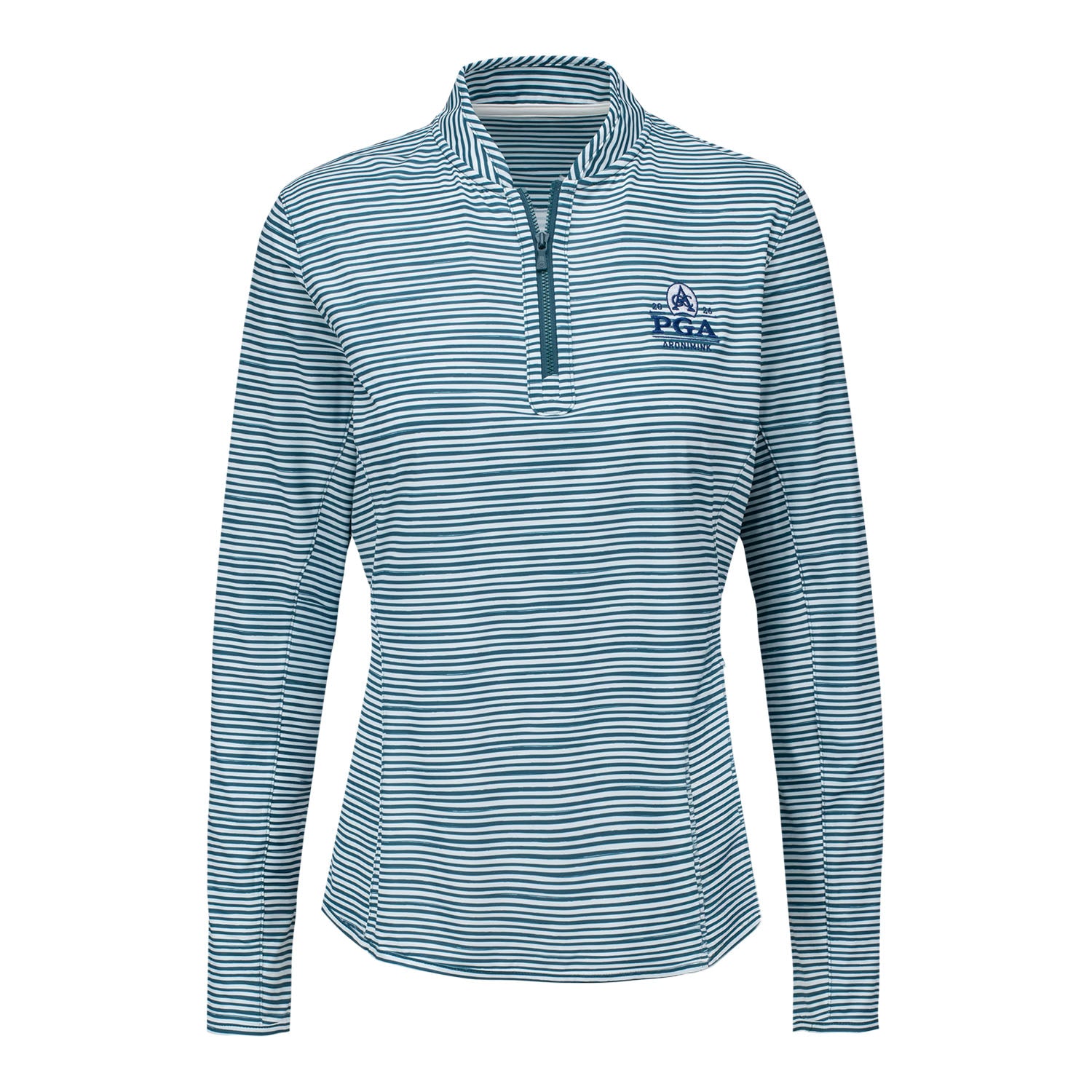 Peter Millar 2026 PGA Championship Ladies Striped Quarter Zip Sun Shirt in Deep Jade - Front View