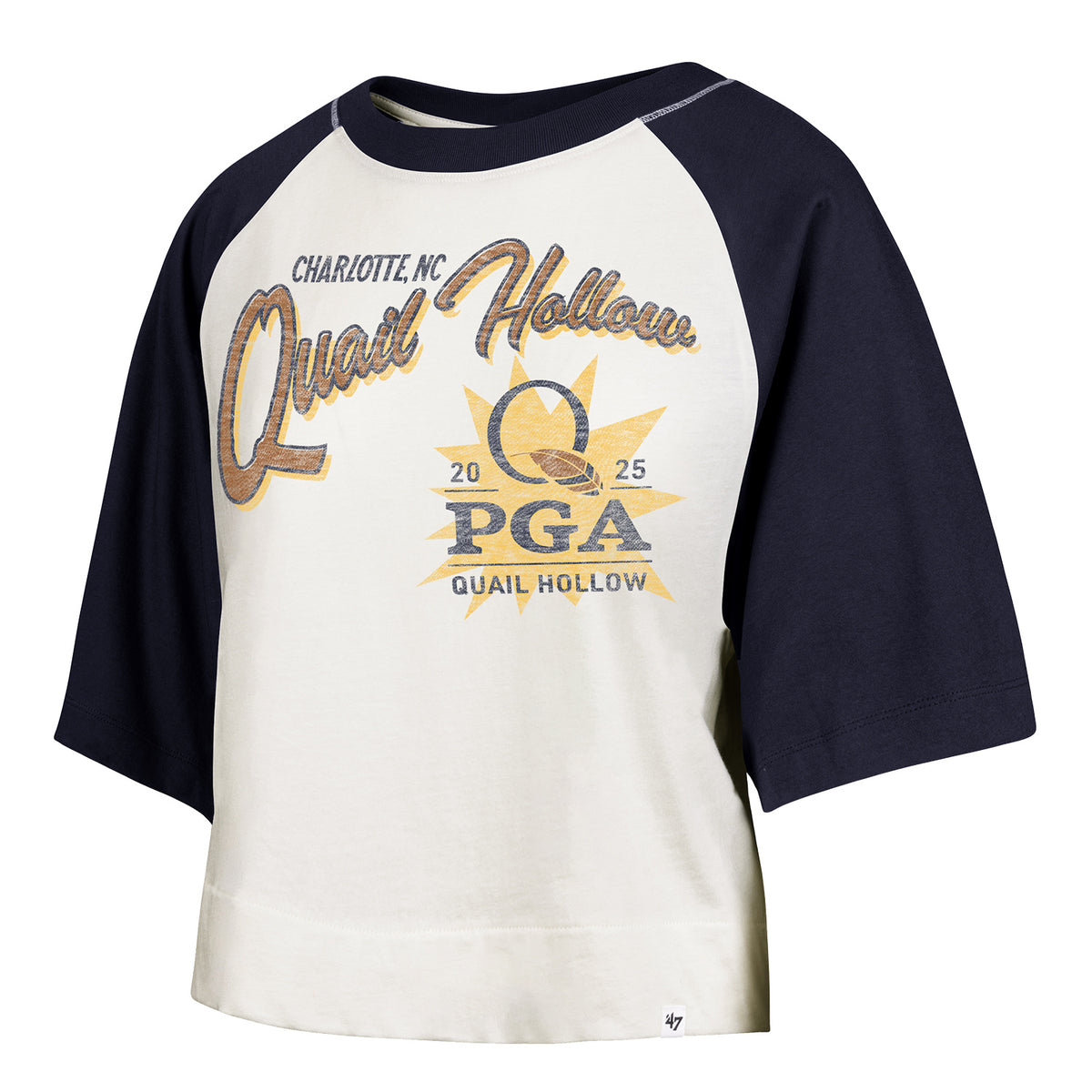 &#39;47 Brand 2025 PGA Championship Women&#39;s Flare Raglan Crop T-Shirt in Sandstone and Atlas Blue - Front View