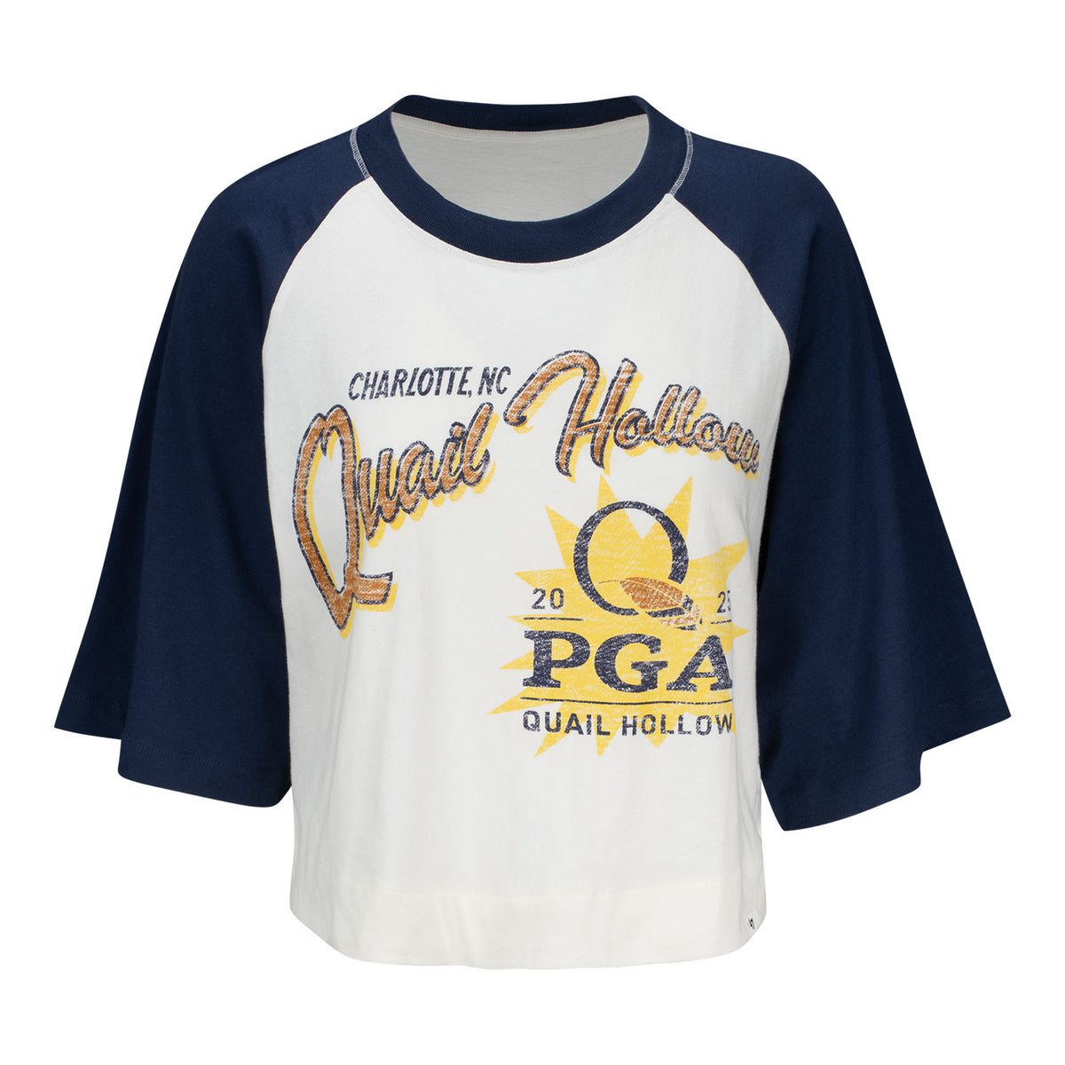 &#39;47 Brand 2025 PGA Championship Women&#39;s Flare Raglan Crop T-Shirt in Sandstone and Atlas Blue - Front View