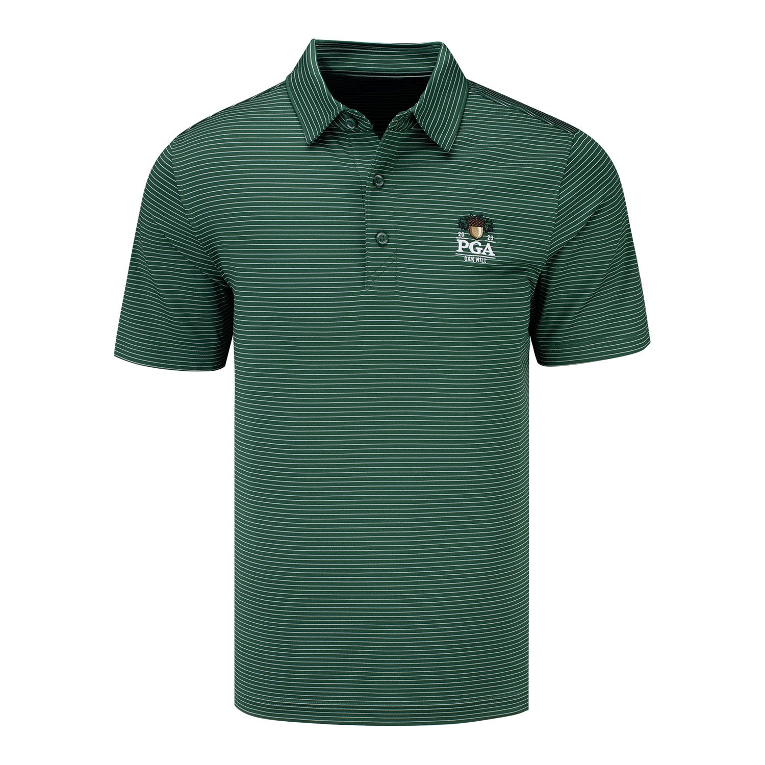 Cutter & Buck 2023 PGA Championship Forge Pencil Stripe Stretch Polo in Hunter- Front View
