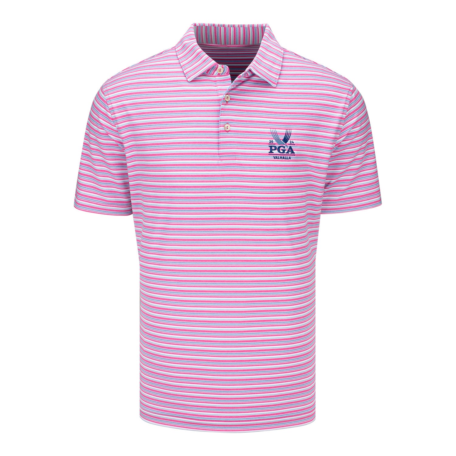 Peter Millar 2024 PGA Championship Performance Jersey Multi-Stripe Polo in Pink Ruby - Front View
