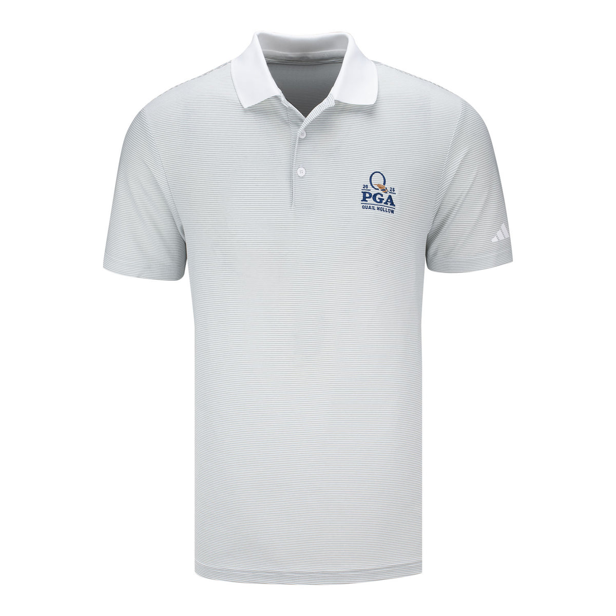 Adidas 2025 PGA Championship Ottoman Stripe Polo in White and Grey - Front View