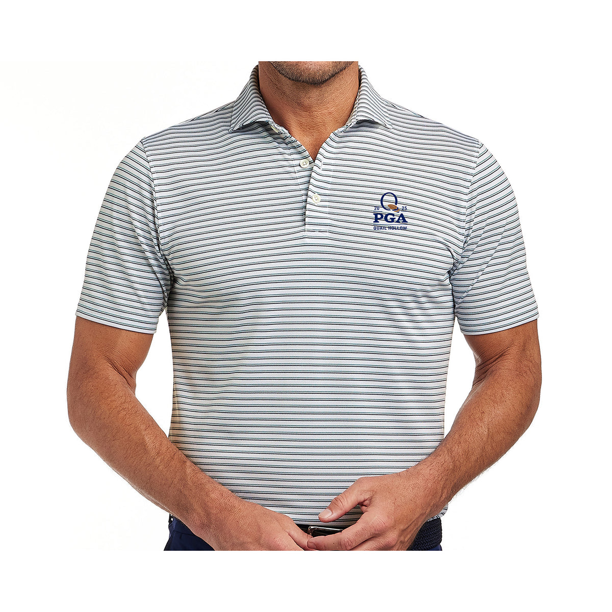 Holderness &amp; Bourne Saxton Stripe Polo in Navy and Sage - Front View