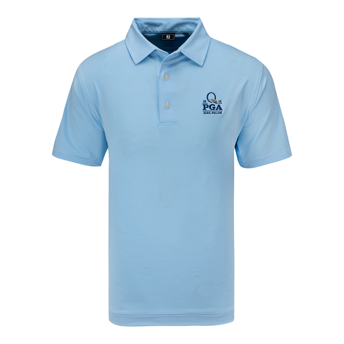 FootJoy 2025 PGA Championship Microfeeder Stripe Polo in Light Blue and White - Front View