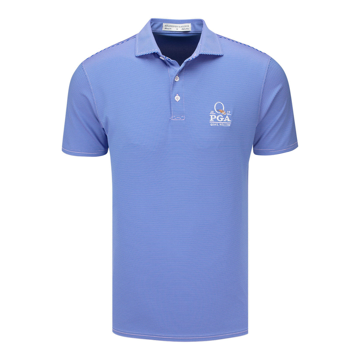 Holderness &amp; Bourne 2025 PGA Championship Perkins Stripe Polo in Marlin Blue and Scotch Pink - Front View