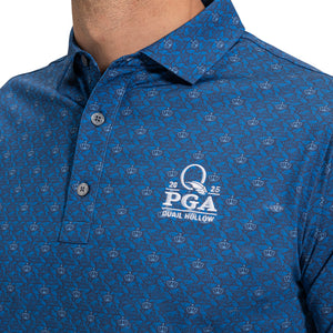 FootJoy 2025 PGA Championship Feathers & Crown Polo in Navy - Modeled Logo Close Up