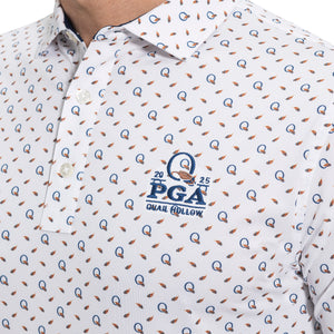FootJoy 2025 PGA Championship Q and Feathers Polo in White - Modeled Logo Close Up