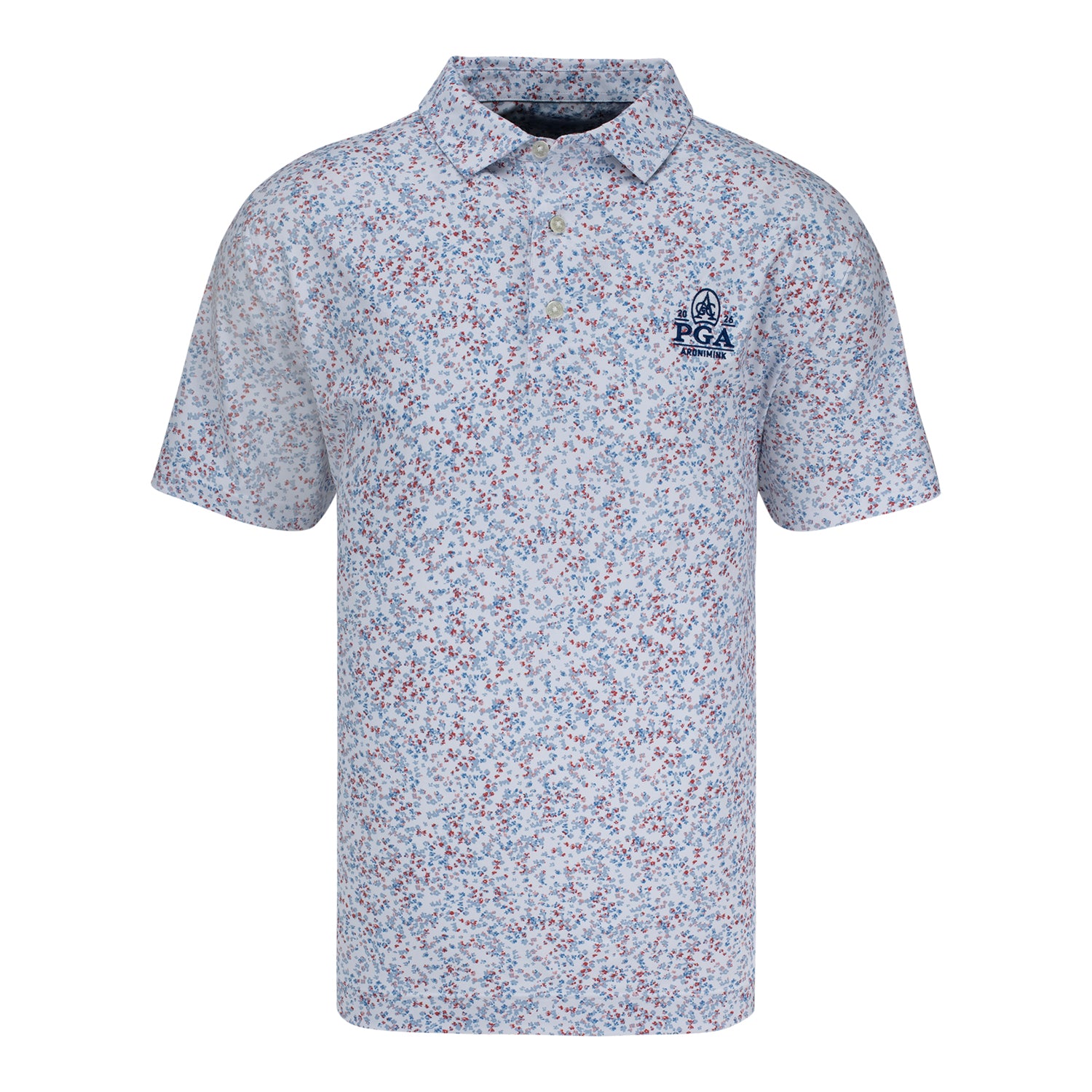FootJoy 2026 PGA Championship Water Color Floral Pique Polo in White, Blue, and Nantucket Red - Front View